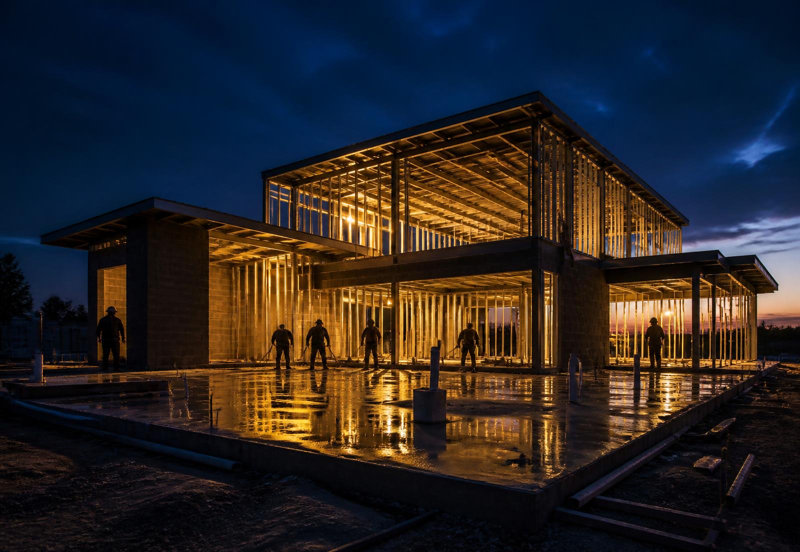 Trade crews working on a commercial construction site at dusk
